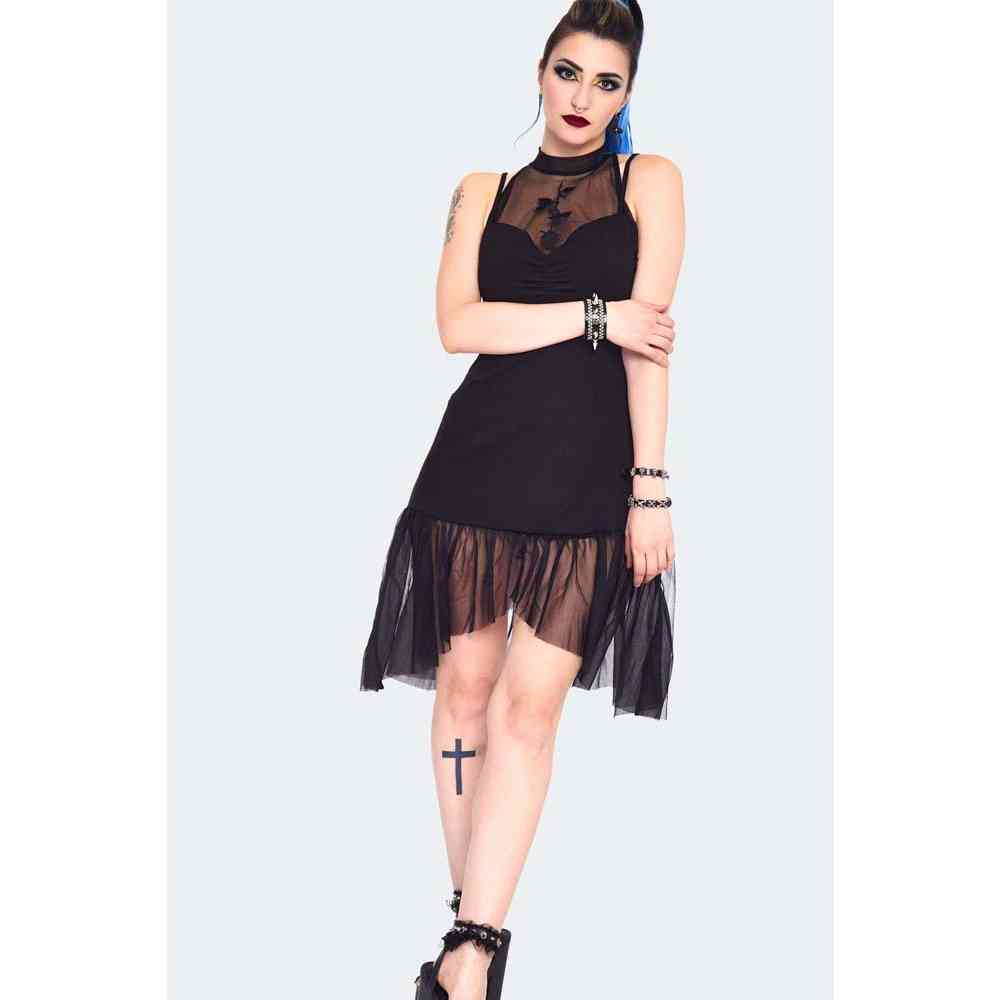 Jawbreaker - Rose Embroidered Mesh Panel Robe courte - Noir